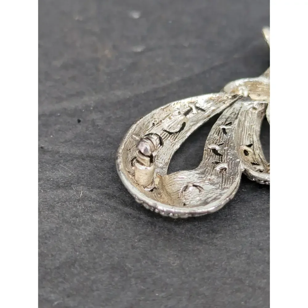 Vintage Marcasite Silver Tone Ribbon Bow Brooch Pin Retro Art Deco Glam